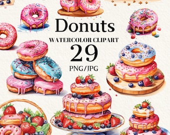 Sweet Bakery Food Clipart, Donut Clipart png jpg, Watercolor Donuts Clipart, Sweet Food Clipart, Commercial Use, Instant Download, Donuts