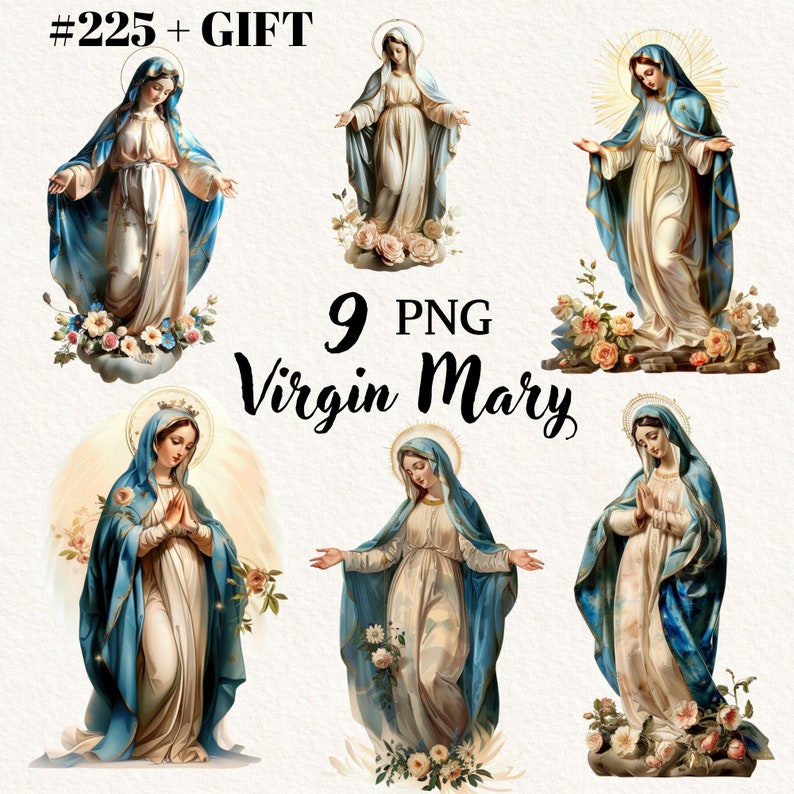Peut inclure: Neuf images num&eacute;riques de la Vierge Marie dans diff&eacute;rentes poses. Chaque image repr&eacute;sente une femme v&ecirc;tue d'une robe bleue avec une couronne et des fleurs. Les images sont au format PNG.