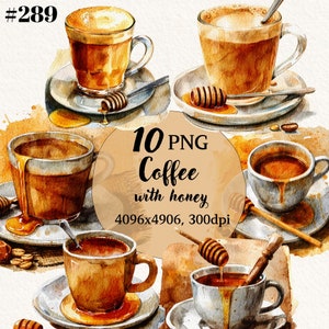 Aquarel koffie met honing clipartbundel, koffiekopje clipart, transparante achtergrond, digitale clipart, Instant Download, commercieel gebruik