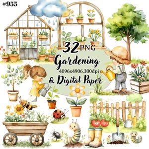 Paquete de imágenes prediseñadas de equipos de jardinería, PNG de acuarela de jardinería y papel digital: perfecto para manualidades y álbumes de recortes.