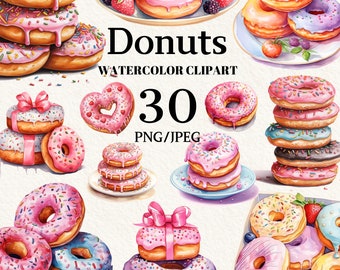 Watercolor Donuts Clipart, Watercolor Donuts Clipart, Instant Download PNG JPG, Summer Clipart, Summer Party, Food Clipart, Commercial Use