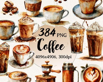 Watercolor Coffee Clipart Bundle PNG, Watercolor Coffe, Transparent Background, Digital Clipart, Instant Download, Commercial Use