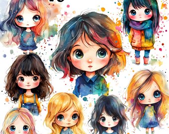 Chibi Clipart, Watercolor Chibi Girls PNG/JPG  Digital Clipart Set for Commercial Use