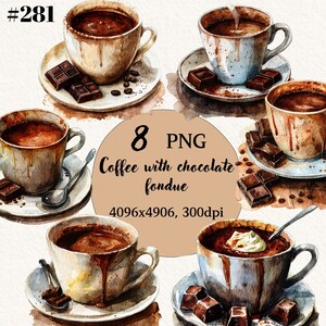 Watercolor Coffee with chocolate fondue Clipart bundle, Transparent Background, Digital Clipart, Instant Download, Commercial Use