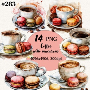 Watercolor Coffee with macarons,  Clipart Coffee PNG, Transparent Background, Digital Clipart, Instant Download, Commercial Use