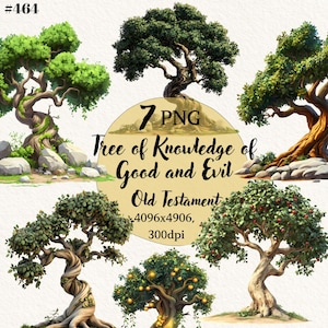 Può includere: Illustrazione digitale con sette alberi stilizzati con un fogliame verde lussureggiante e una corteccia strutturata. L'immagine include il testo "Tree of Knowledge of Good and Evil" e "Old Testament".