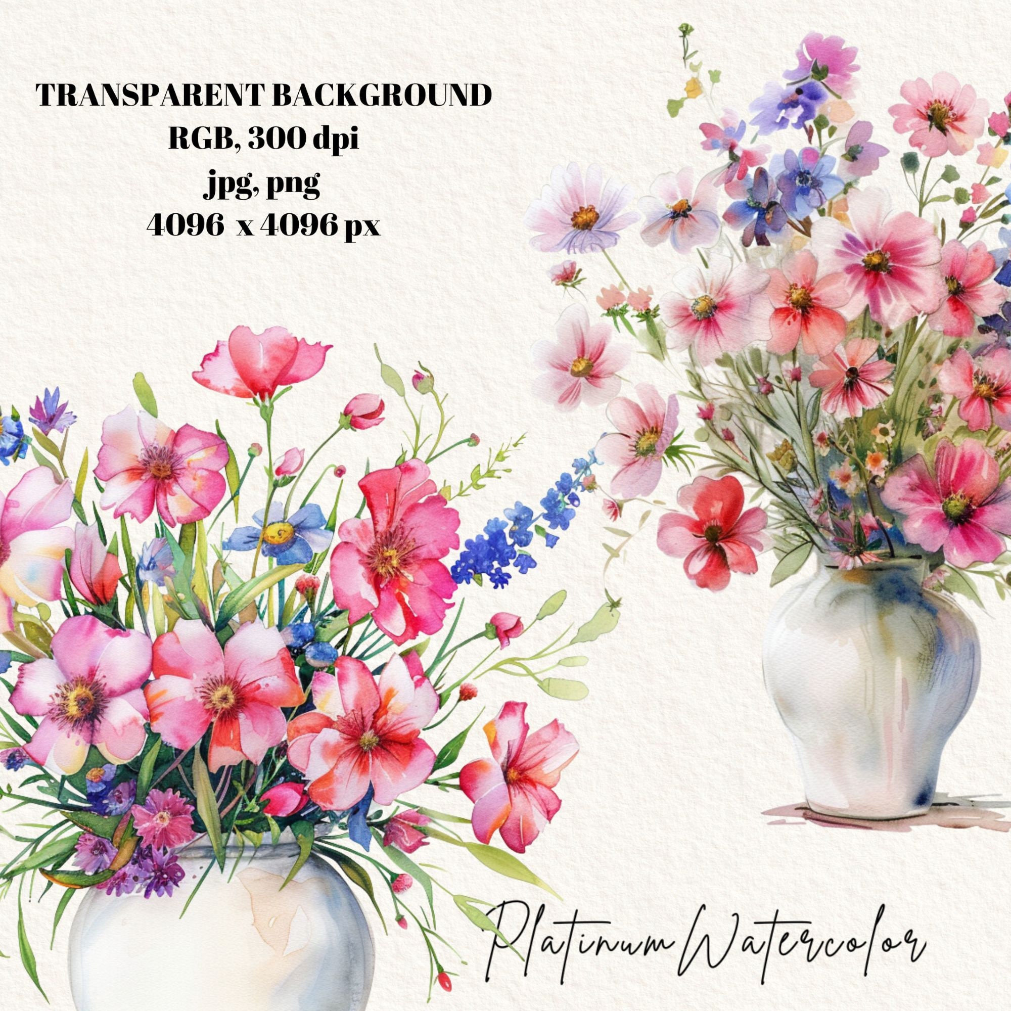Watercolor Flowers in Vases Clipart, Vase of Flowers Watercolor Clipart ...