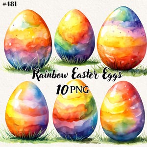 Pacchetto di 10 Clipart di uova di Pasqua ad acquerello, PNG di uova di Pasqua, PNG di uova di Pasqua arcobaleno, sfondo trasparente, clipart digitale
