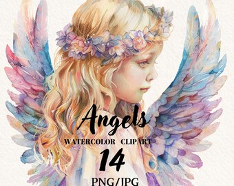 かわいい天使の水彩画クリップアート、天使の赤ちゃんのpngバンドル