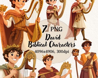Puede incluir: Ilustración digital de siete personajes bíblicos, incluido el rey David, en varias poses. Los personajes están representados con coronas, capas y arpas. La imagen incluye el texto "7 PNG David Biblical Characters 4096x4906, 300dpi."