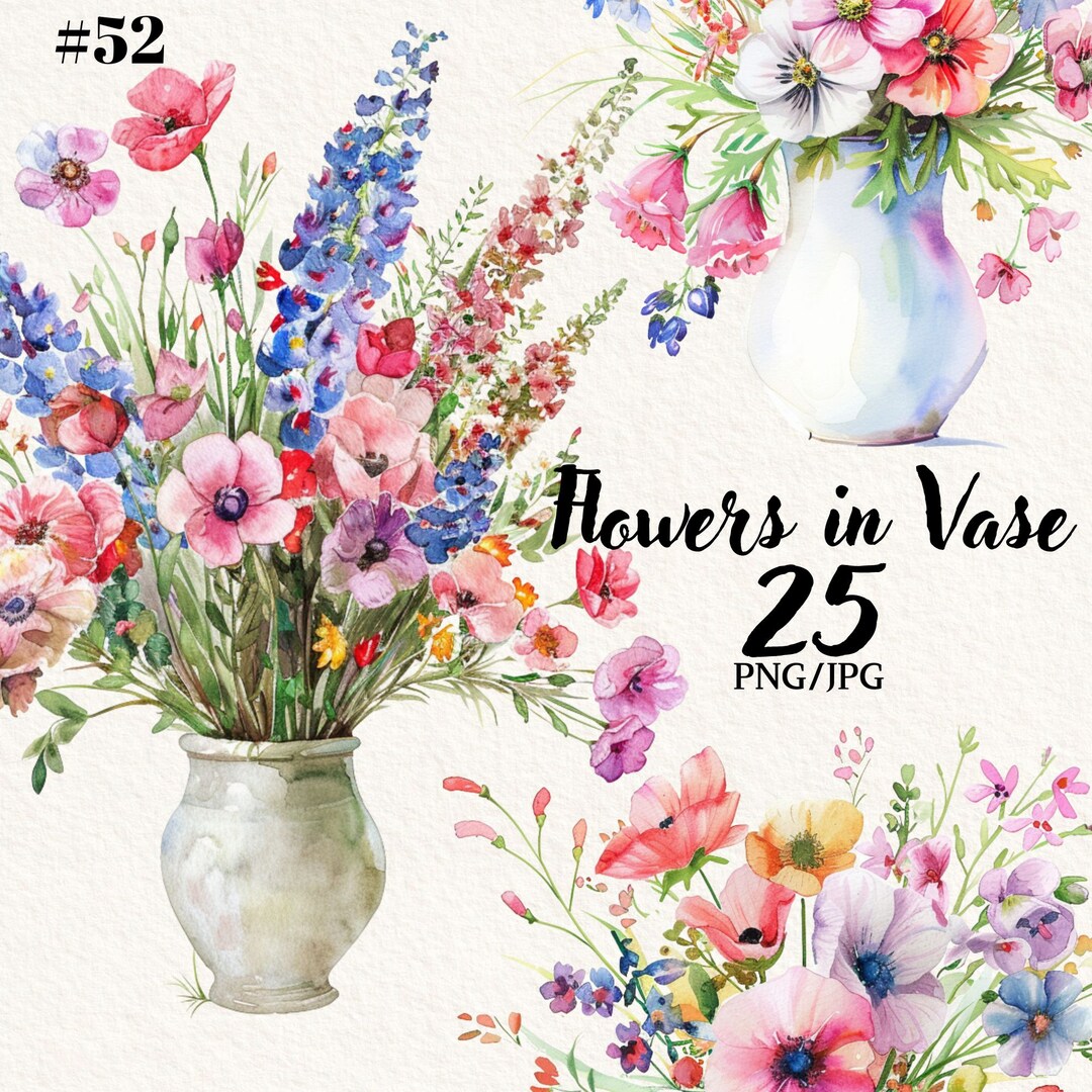 Watercolor Flowers in Vases Clipart, Vase of Flowers Watercolor Clipart ...