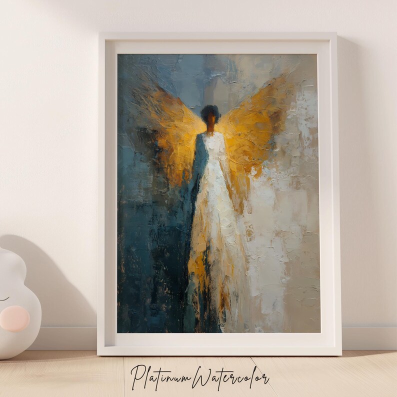 Angel Oil Painting Poster – Abstract Art Print, Golden Wings, Modern ...