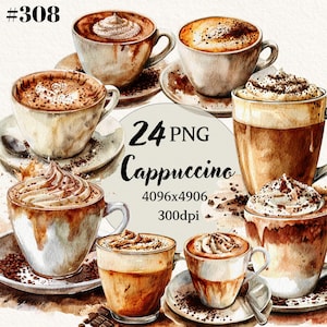 Zestaw akwarelowych klipartów z cappuccino, Cappuccino PNG, grafiki z cappuccino, przezroczyste tło, cyfrowy klipart