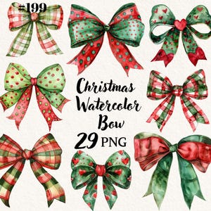 Paquete de imágenes prediseñadas de lazos navideños de acuarela, lazo navideño PNG, fondo transparente, imágenes prediseñadas digitales, descarga instantánea, uso comercial