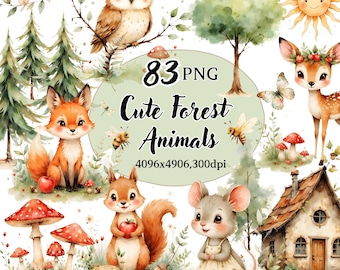 Woodland Creatures Clipart, Watercolor Woodland Animals PNG, Mushroom Clipart, Woodland Nursery Art, Baby Shower, Forest Nursery Decor