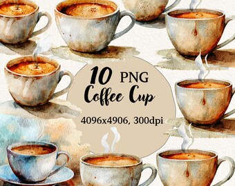 Watercolor Coffee Cup, Clipart Bundle, Transparent Background, Digital Clipart, Instant Download, Commercial Use