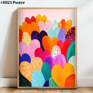 May include: A colorful abstract art print featuring a cluster of overlapping hearts in various shades of red, orange, yellow, green, blue, purple, and pink. The hearts are arranged in a layered pattern, creating a sense of depth and movement. The background is a light pink.