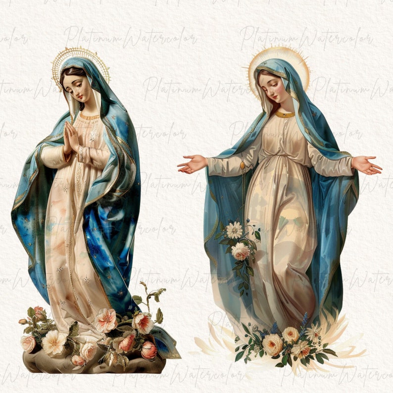 Peut inclure: Deux illustrations vintage de la Vierge Marie. La premi&egrave;re image montre Marie debout, les mains jointes en pri&egrave;re. La deuxi&egrave;me image montre Marie debout, les bras tendus. Les deux images pr&eacute;sentent une robe bleue et une robe blanche. Les deux images ont un motif floral en bas.