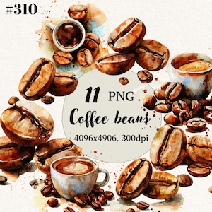 Paquete de imágenes prediseñadas de granos de café de acuarela, Coffe Art png, fondo transparente, imágenes prediseñadas digitales, descarga instantánea, uso comercial