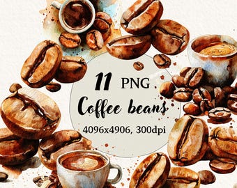 Peut inclure: Illustration aquarelle de grains de café et de tasses de café. L'image comprend 11 fichiers PNG, 4096x4906, 300dpi. #310