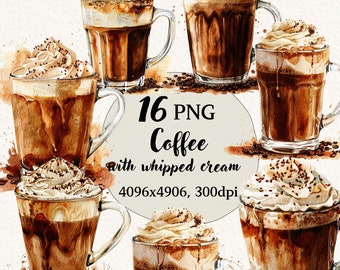 Watercolor Coffee with whipped cream, Coffee Clipart Bundle, Transparent Background, Digital Clipart, Instant Download, Commercial Use
