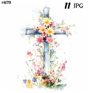 Clipart floral de croix de Pâques, 11 JPG, - art numérique aquarelle pour téléchargement immédiat