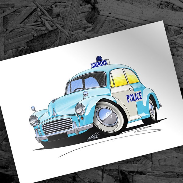 Morris Minor Police Car Art Caricature Classic British Police Panda Car Art Retro 50s 60s Cartoon Illustration Wall Art Print Download