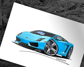 Lamborghini Gallardo LP560/4 Car Art Cartoon Illustration Supercar Blue Lambo Picture Downloadable Wall Art Print Instant Download