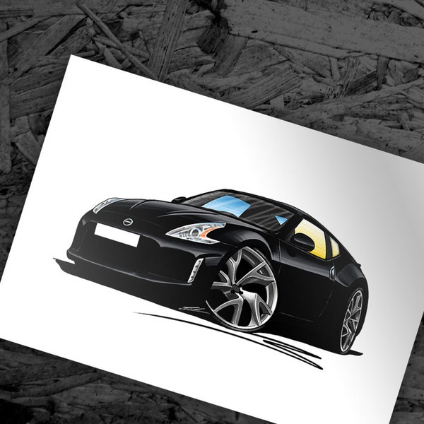 Nissan 370z Car Art Cartoon Illustration Sports Car Black Z Car JDM Picture Downloadable Wall Art Print Instant Download