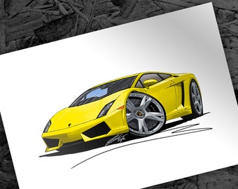 Lamborghini Gallardo LP560/4 Car Art Cartoon Illustration Supercar Yellow Lambo Picture Downloadable Wall Art Print Instant Download
