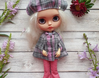 Blythe cape and beret, set for Blythe, blythe coat, blythe jacket, blythe pink overall jumpsuit, blythe hat, Blythe outfit, blythe clothing