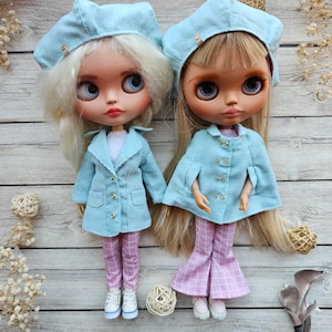 Blythe set, blue coat for blythe, blythe corduroy pink pants, blythe white top, blythe pink pants, blythe beret, blythe cape, blythe jacket