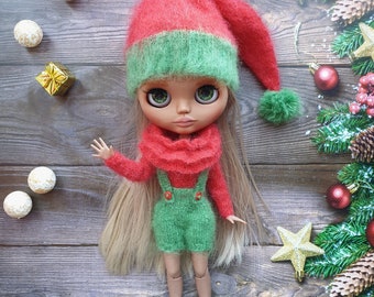 Blythe Christmas set, Blythe knitted set, blythe knitted romper, Blythe knitted hat, Blythe knitted sweater, Blythe clothes, Christmas hat