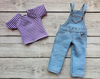 Conjunto de overol vaquero y camiseta a rayas para muñeca Paola Reina