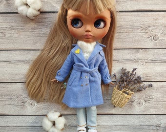 Trench coat for Blythe, Coat Blythe, blue coat for Blythe, Trench for Blythe, outfit for blythe, plaid coat, Blythe clothing