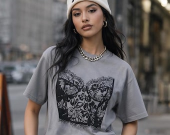 Lace Lingerie Graphic T-Shirt, Vintage Corset Tee, Soft Cotton Oversized Shirt, Feminine Streetwear Top