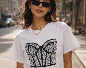 Chic Lace Bustier Illustration T-shirt, Vintage Corset Graphic Tee