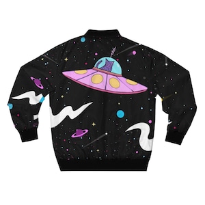 Space Galaxy Cat Bomber Jacket – Cosmic Kitty Zip-Up, Psychedelic Festival Jacket, Vaporwave Streetwear, Funky Y2K Hypebeast Fashion