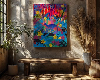 Vibrant Leopard Jungle Canvas Print: Colorful Nature Wall Art