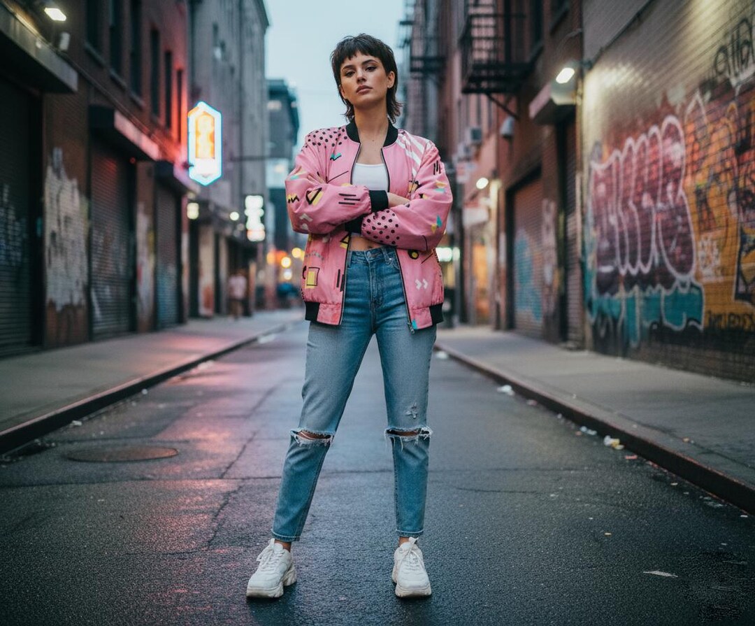 80s Colorful Memphis Style Bomber Jacket, Geometrical