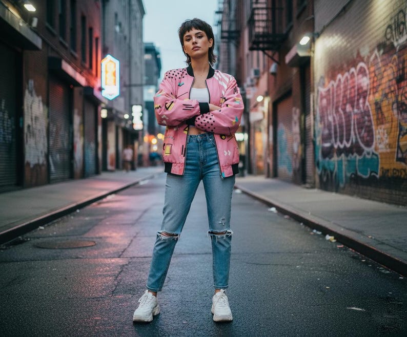 80s Retro Bomber Jacket Unisex, Memphis Style Geometric Jacket, Vintage Streetwear image 1