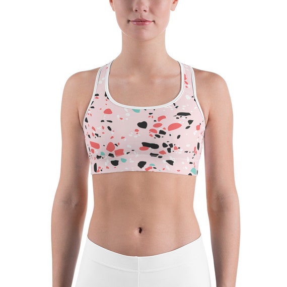 Elastic Sports Bra, Double Layer Support Bra, Workout Bra, Terrazzo Print  Sportswear 