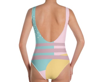 Vibrant Abstract One-Piece Swimsuit, Colorful Low Back Swimsuit