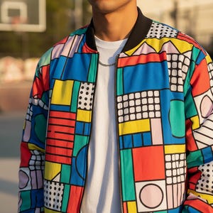 90s Retro Bomber Jacket: Color Block Memphis Pop Art Windbreaker image 2