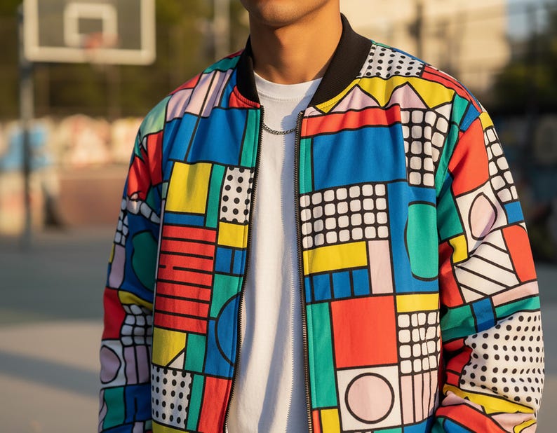 90s Retro Bomber Jacket: Color Block Memphis Pop Art Windbreaker image 2