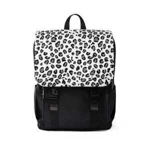May include: Black and white leopard print backpack with black straps and buckles.