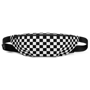 May include: Black and white checkered fanny pack with a black adjustable strap.