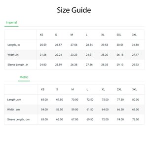 May include: Size guide chart for clothing with measurements in inches and centimeters. The chart shows sizes from XS to 3XL with measurements for length, width, and sleeve length.