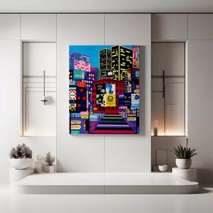 New York Cityscape Canvas Wall Art | Colorful Times Square Print & NYC Landmarks Illustration for Unique Home Decor Gift