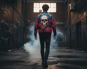 Skull & Red Roses Bomber Jacket: Gothic Festival Streetwear